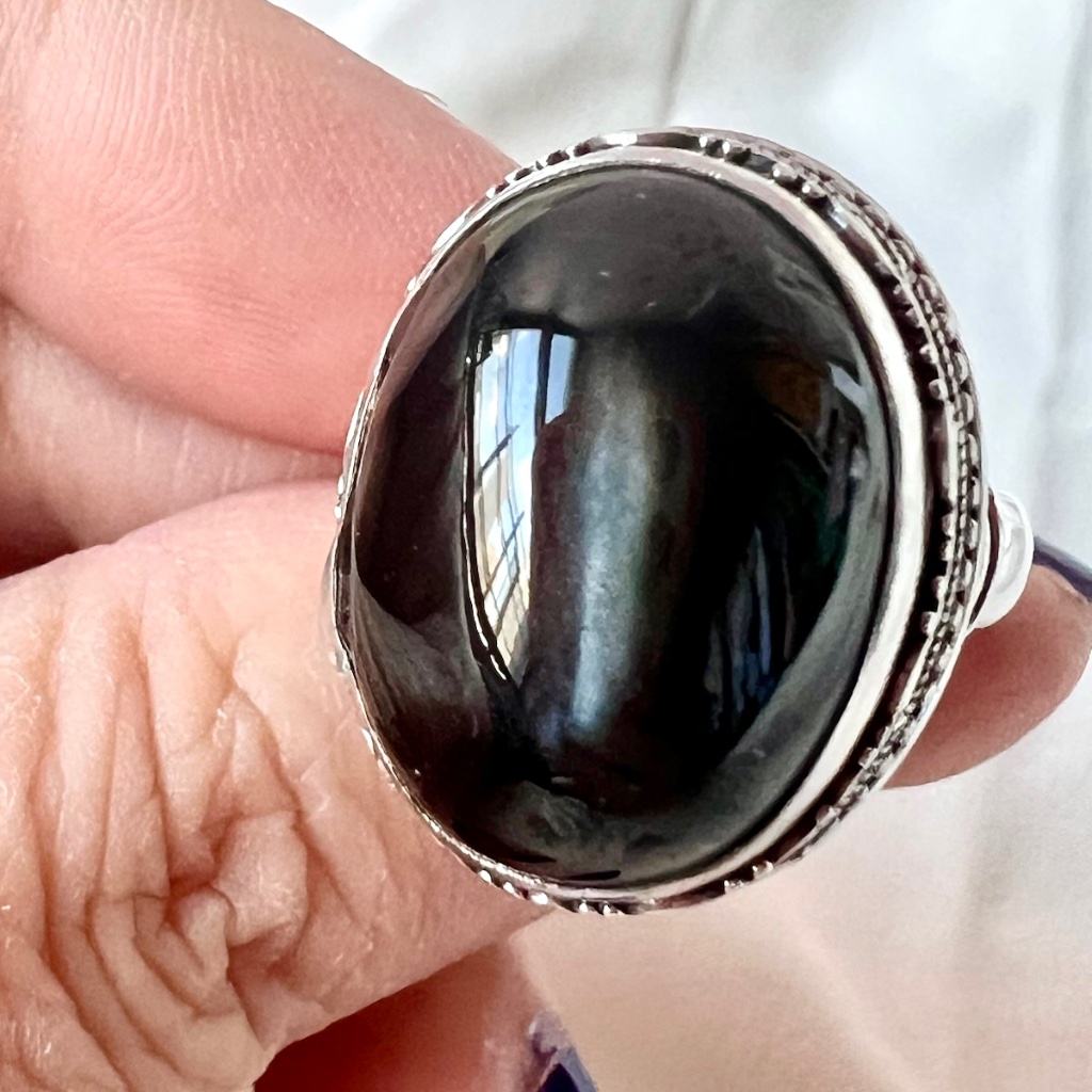 Vintage Huge Black Star Cats Eye Moonstone ? Cabochon 925 Sterling Silver Ring